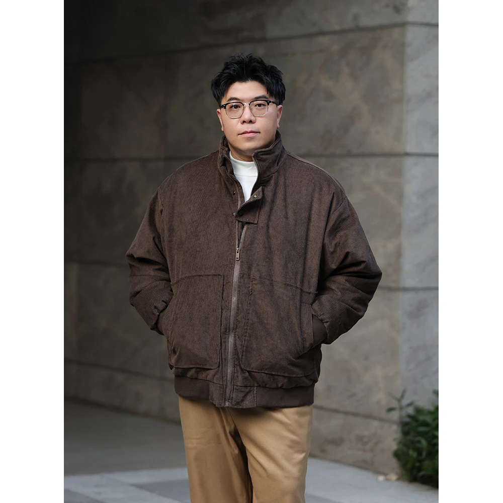 白鸭绒90%日系复古灯芯绒羽绒服男立领外套微胖男士大码男装时尚