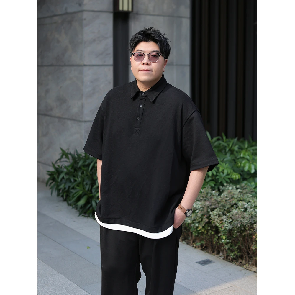 简约宽松假两件POLO衫男大码宽松珠地棉透气翻领短袖T恤胖男生潮