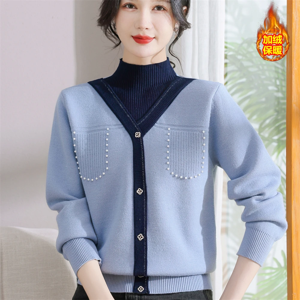 妈妈冬装加绒毛衣女加厚保暖打底衫中老年人洋气质一体绒内搭上衣