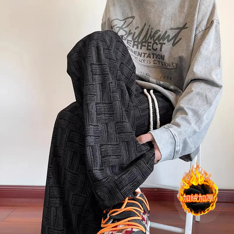 直筒灯芯绒裤子男秋冬款2024新款潮牌加绒运动卫裤宽松阔腿休闲裤