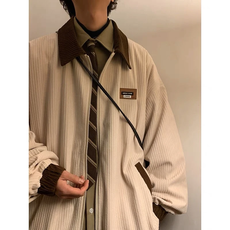 拼接撞色翻领夹克男春季美式复古潮牌ins休闲上衣宽松高级感外套