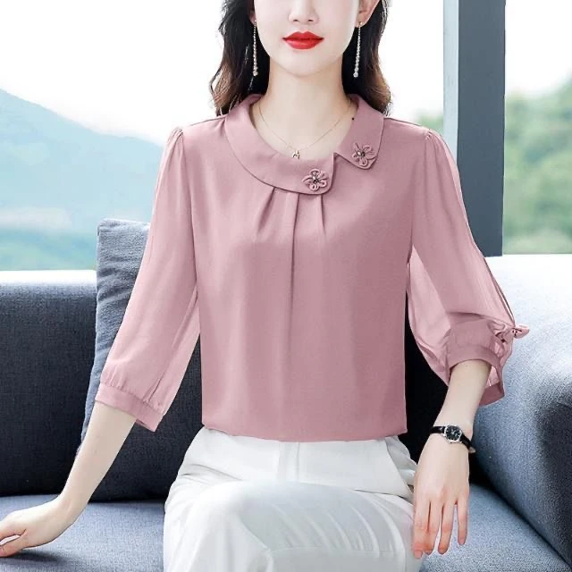 夏季新款时尚洋气中年妈妈装高端纯色七分袖雪纺衫宽松遮肚上衣