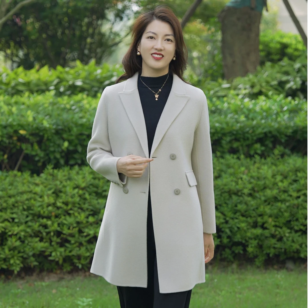 【100%绵羊毛】7136正肩中长西装领四色双面全羊毛大衣时尚减龄秋冬