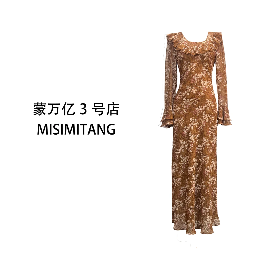 【丁达尔】咖色正反两穿斜裁气质女装连衣裙显瘦碎花收腰复古修身