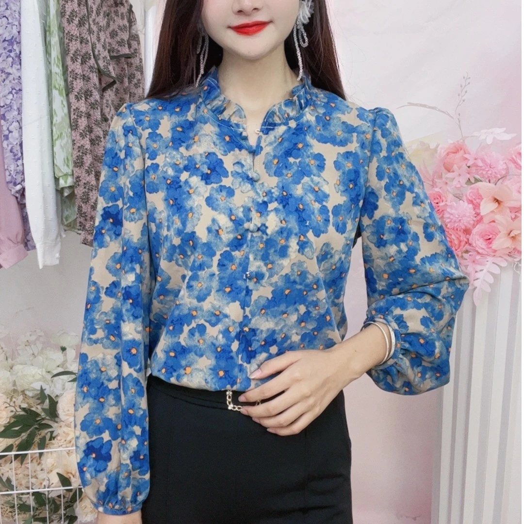 秋季新款时尚洋气高级感印花长袖雪纺衫宽松遮肚修身显瘦碎花衬衫