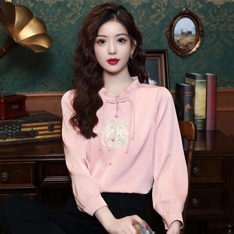 长袖/短袖新中式国风刺绣盘扣女小衫大码洋气衬衣设计感上衣淑女