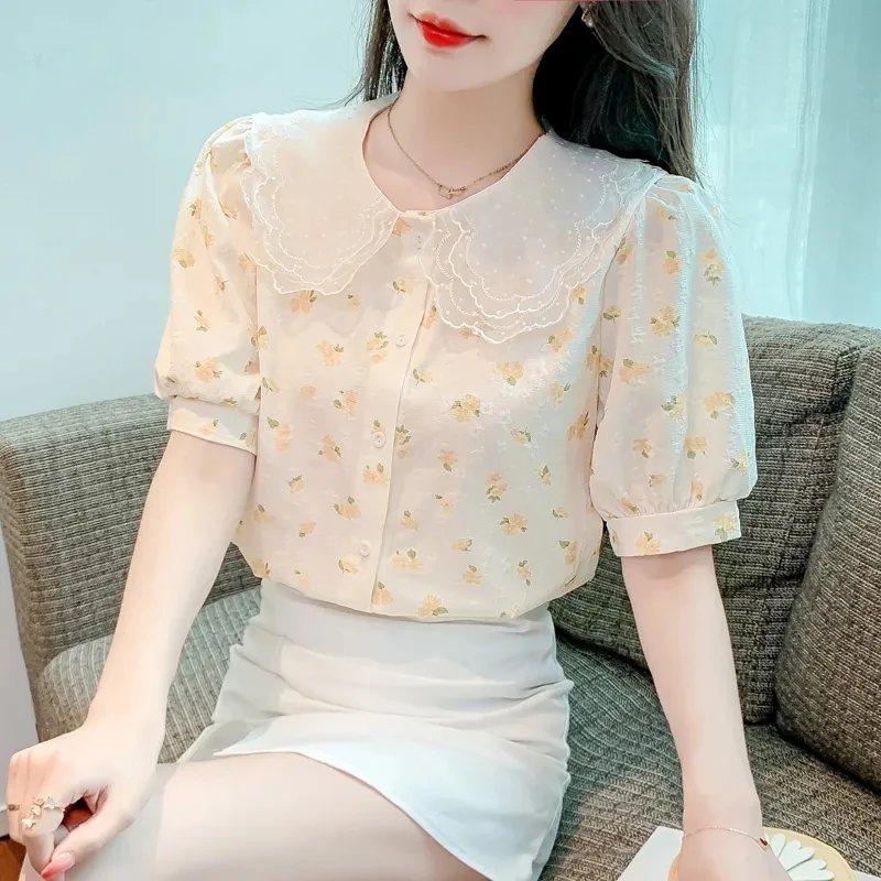 蕾丝娃娃领短袖碎花衬衫女夏季新款2023年宽松显瘦雪纺开衫上衣潮