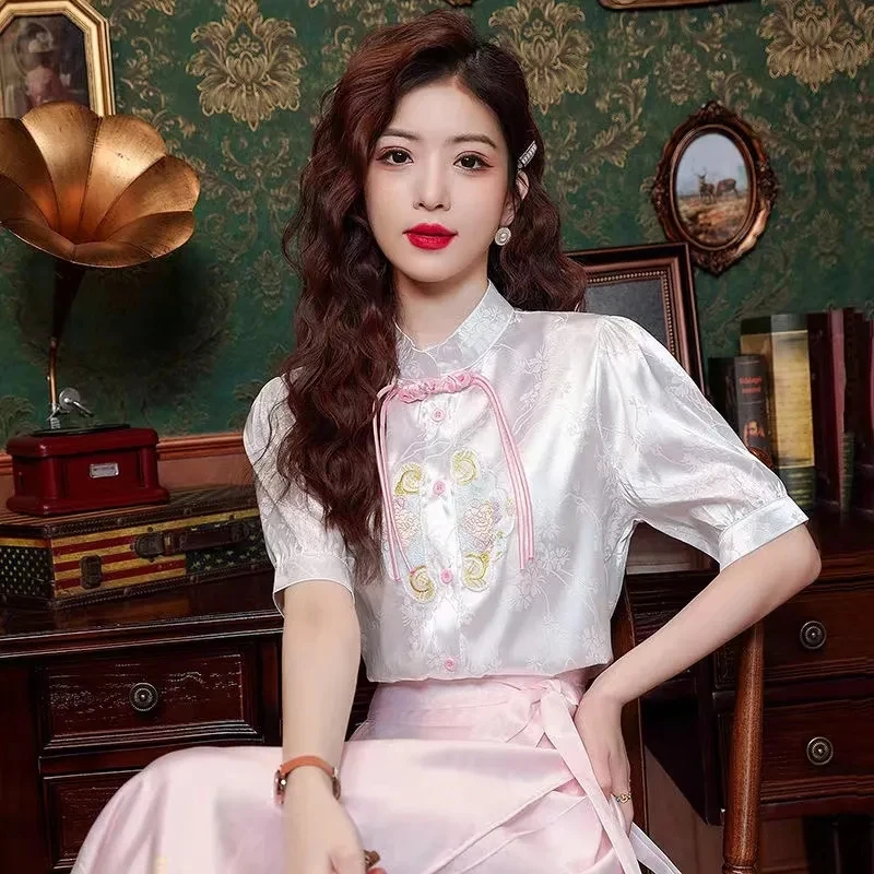 2024夏季新款新中式国风重工刺绣复古提花衬衫禅意气质短袖上衣潮