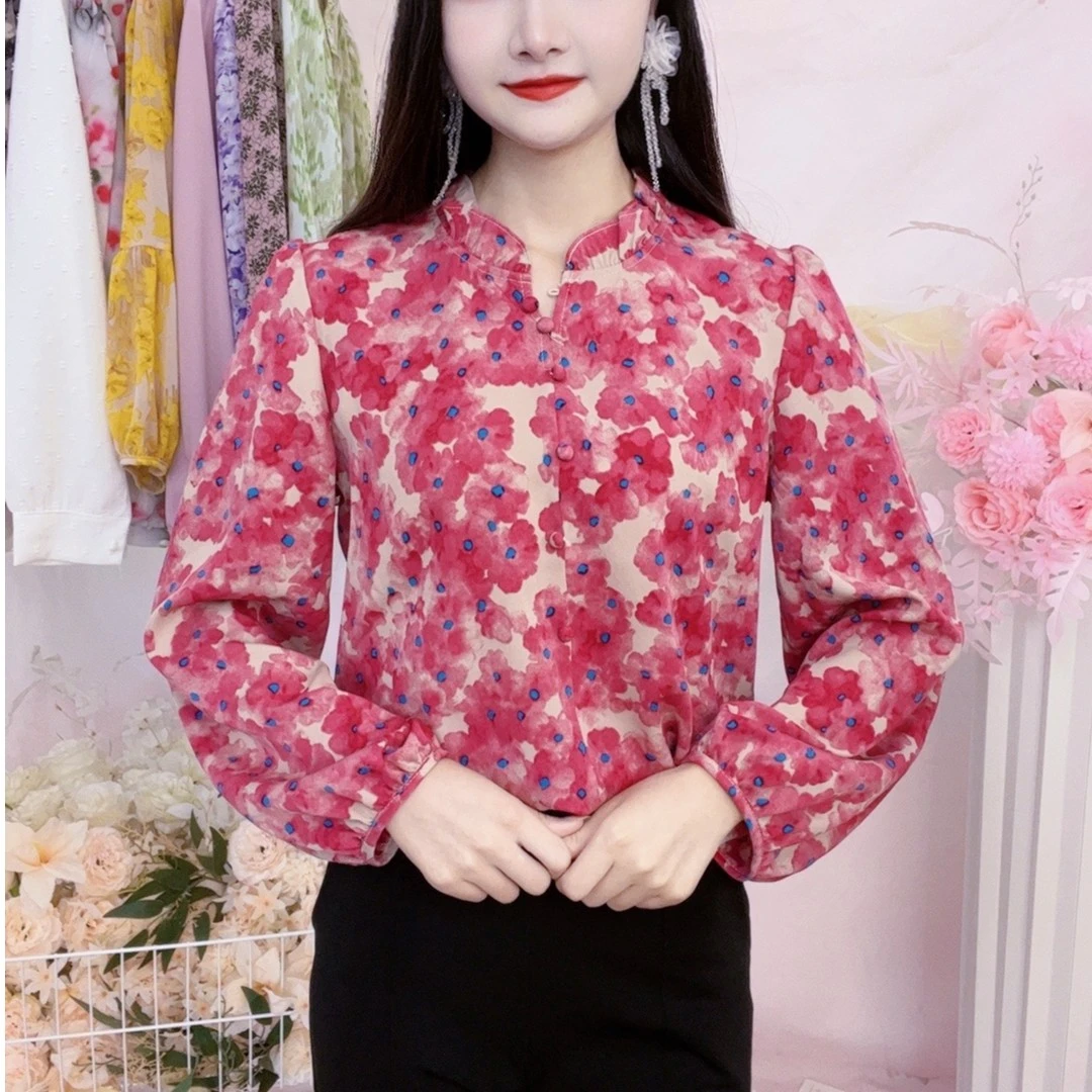 秋季新款花色2023长袖雪纺衫宽松遮肚碎花打底衫纱衣打底衫