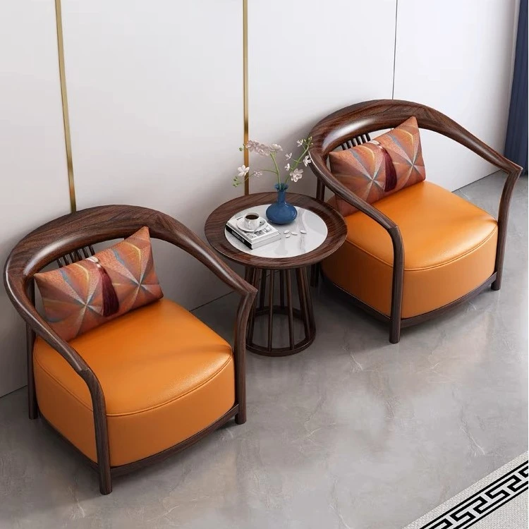 新中式乌金色休闲椅简约圈椅三件套家用轻奢全实木沙发椅酒店会所