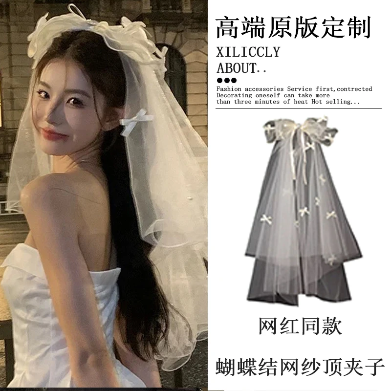 万圣节头饰鬼新娘头纱蝴蝶结白色网纱发夹发饰节日cos装扮发饰女