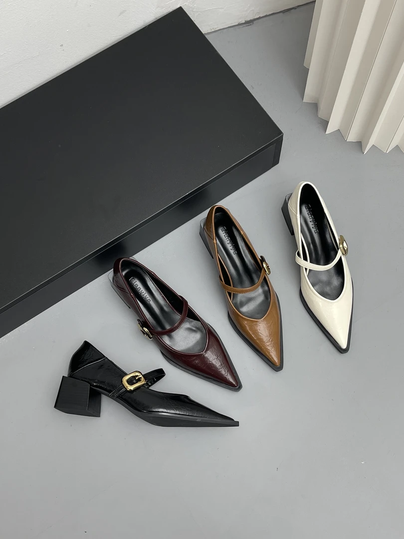 （5公分）粗跟日常一字带玛丽珍鞋黑色高跟鞋