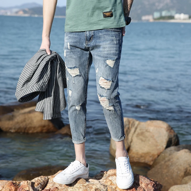 潮牌破洞牛仔裤男夏季薄款修身小脚九分裤韩版潮流百搭弹力休闲