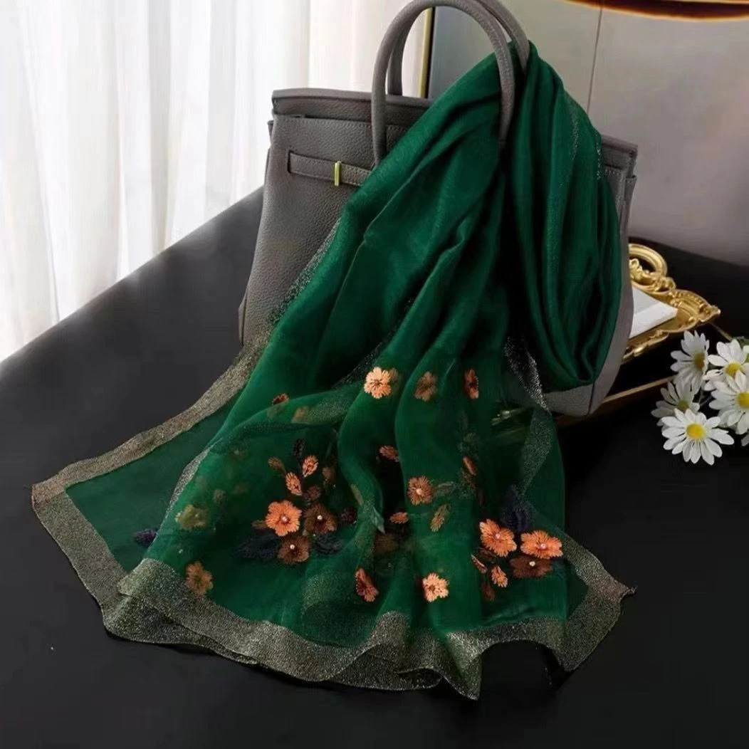 绿色海棠花披肩印花双层墨绿长巾气质双面长款微瑕时尚设计师围巾