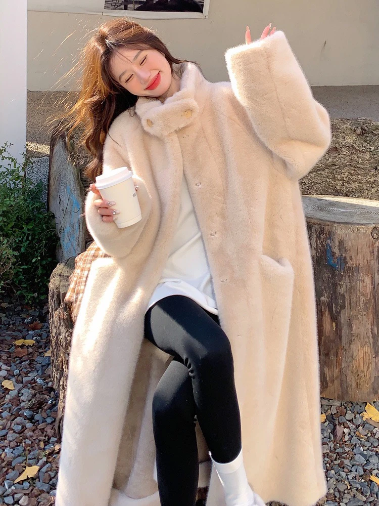 立领仿水貂毛绒环保毛大衣韩系毛毛加厚长款外套女皮毛一体仿皮草