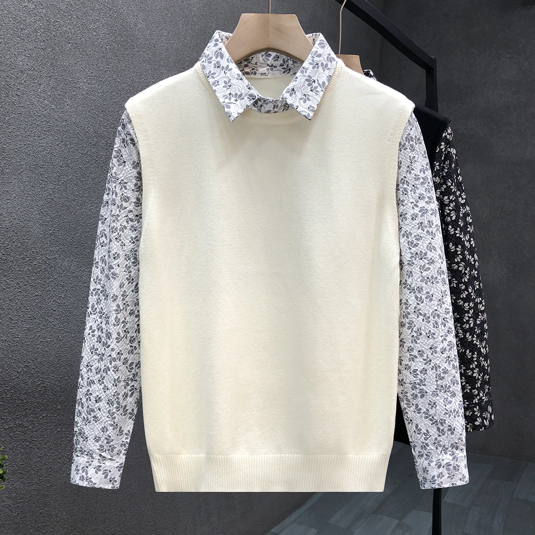 时尚小碎花假两件毛衣男休闲衬衫领针织衫男士冬季内搭打底衫上衣