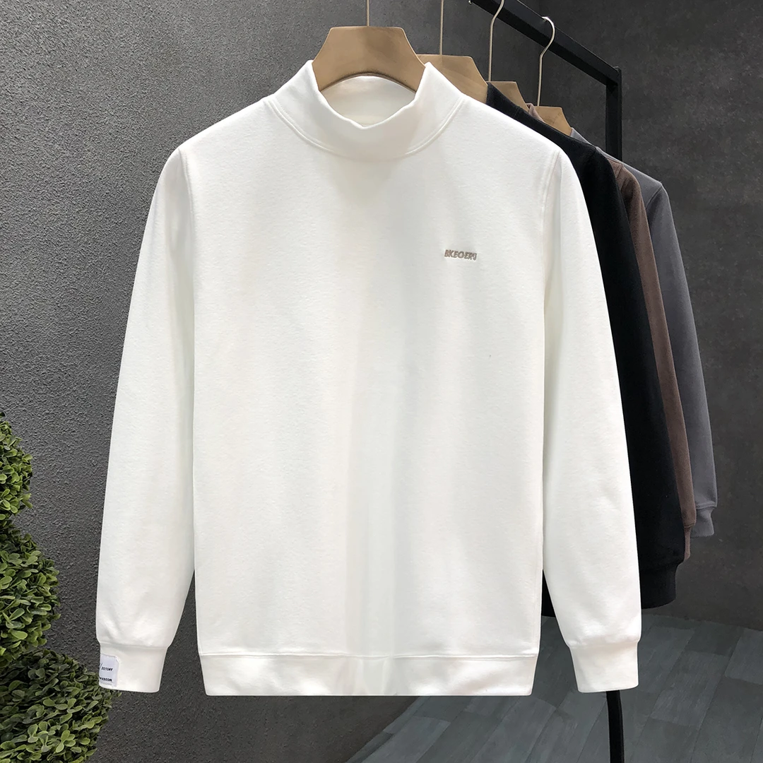 进口品质高端半高领绒面长袖t恤男生百搭白色打底衫男士中领上衣