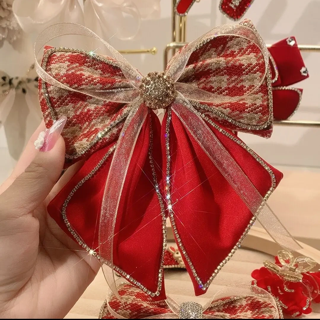 锌合金布艺发饰 新年款暮雪限定款蝴蝶结格子弹簧夹A081
