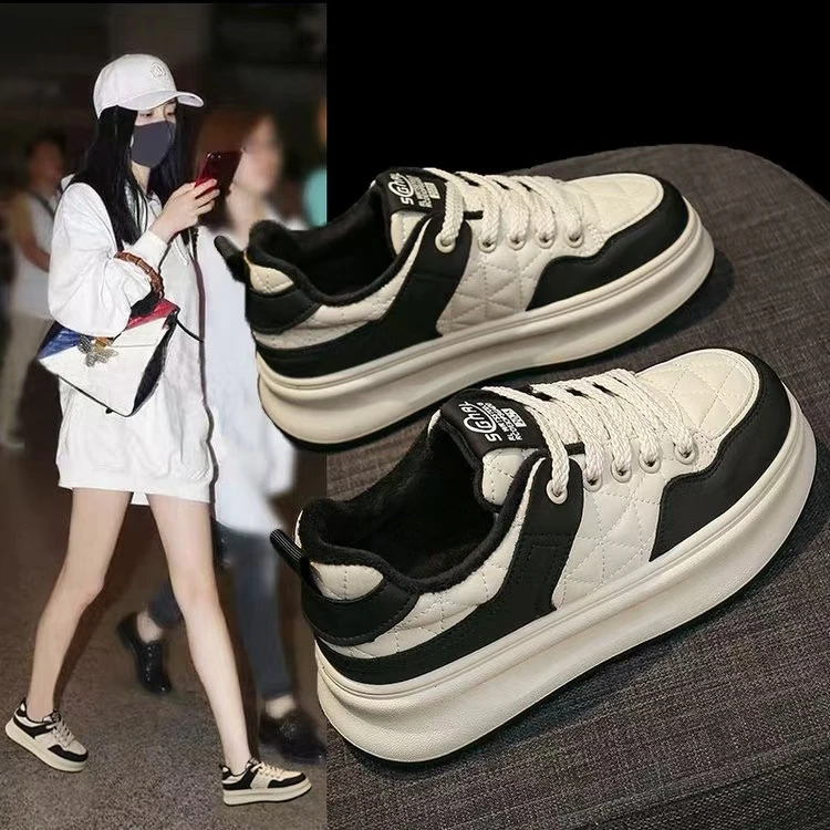 达芙典冬季新款加绒板鞋韩版菱形格百搭运动休闲鞋/dfd9307