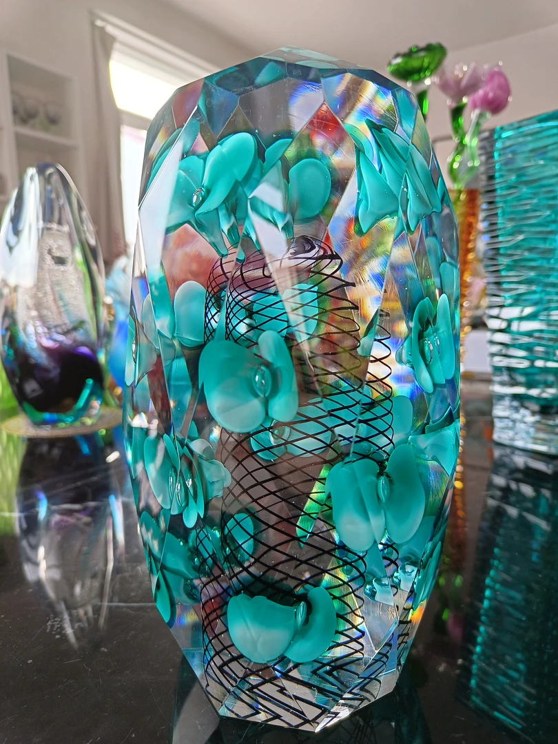 水晶琉璃摆件，蓝色繁花，精美轻奢