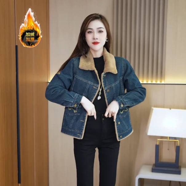 时尚休闲秋冬厚外套女士加绒加厚保暖牛仔上衣女外套冬季气质百搭