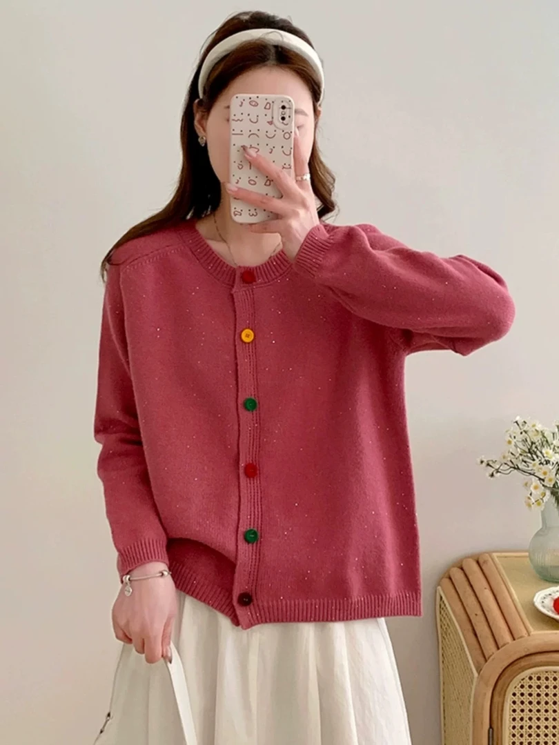 【满天星】长袖短款时尚百搭羊绒宽松圆领秋冬亮片开衫毛衣