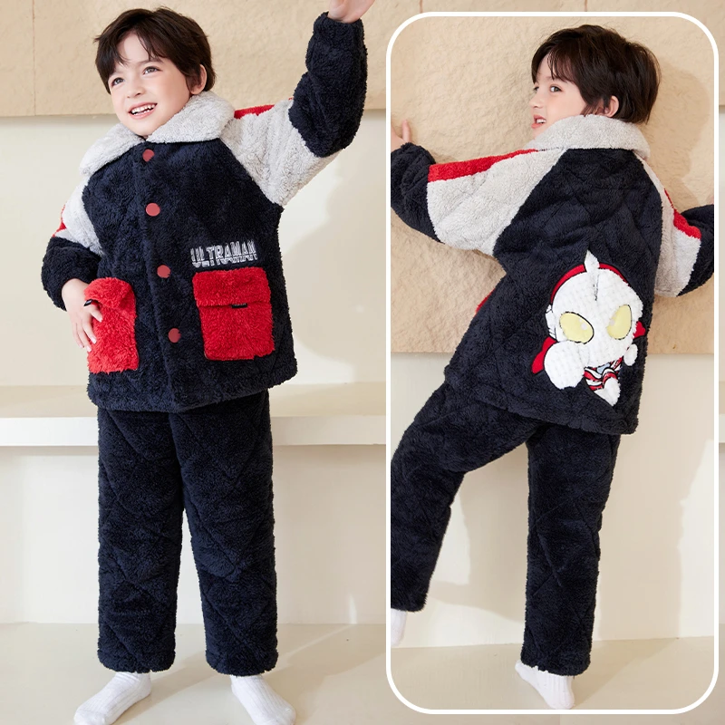 【三层夹棉】儿童睡衣冬季加厚款男童珊瑚绒男孩冬款保暖儿童保暖衣