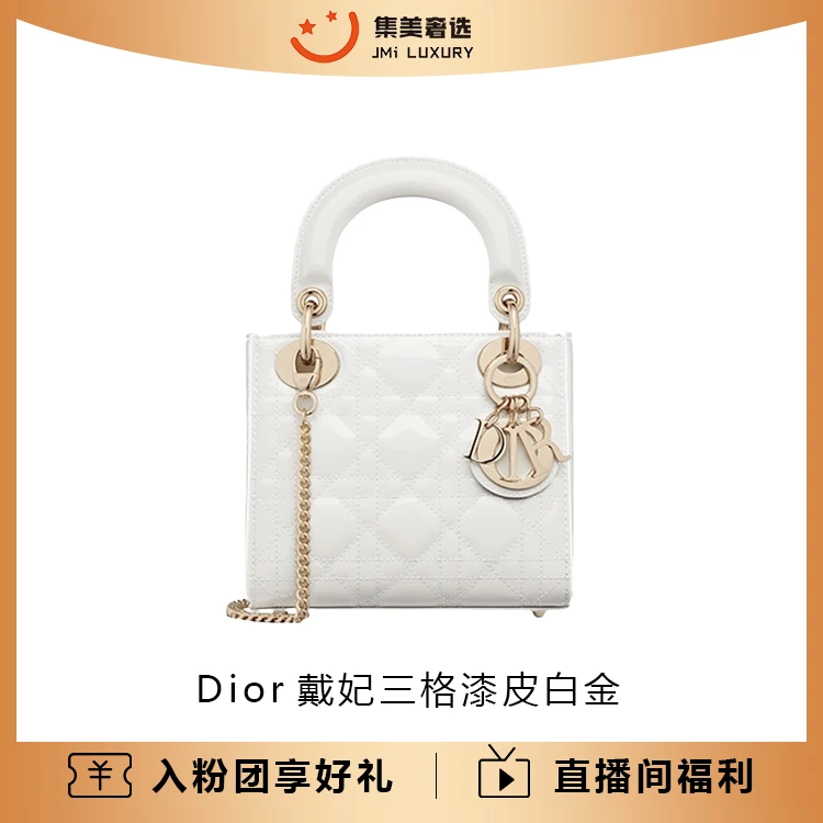 全新未使用 DIOR/迪奥 戴妃三格漆皮白金时尚轻奢包/97新/39500