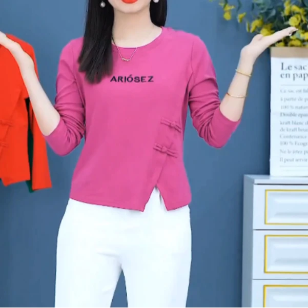 长袖女圆领显瘦气质洋气时尚百搭减龄修身夏季休闲不规则设计感