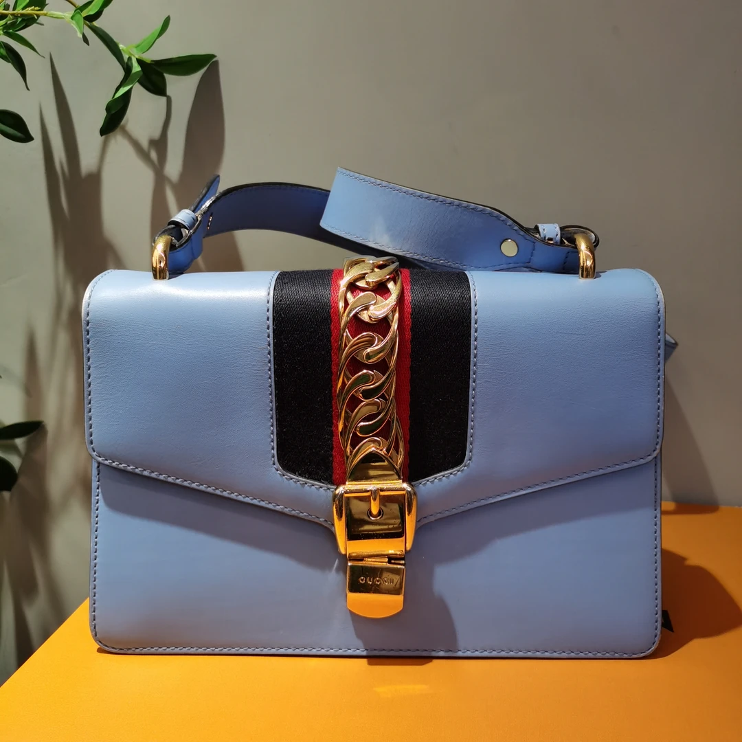 95新 GUCCI/古驰 蓝色/塞尔维亚/单肩包/斜挎包/时尚/女士/中号