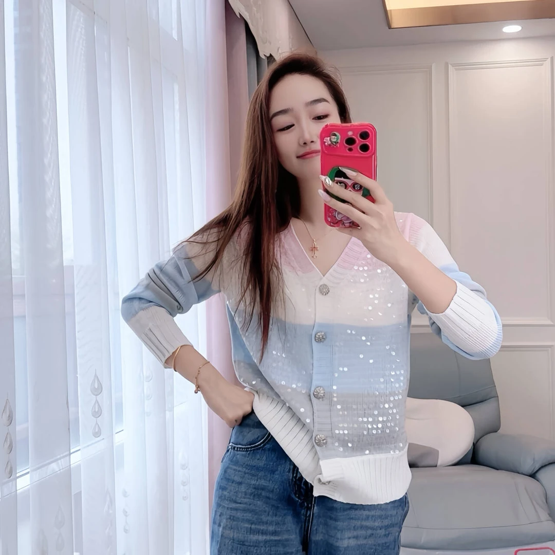 99现货（条纹刺绣亮片开衫）春夏针织衫宽松大码女装休闲外搭