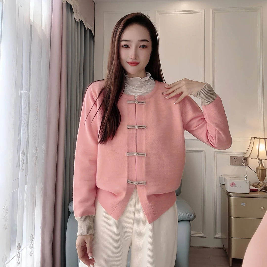 （网红毛衣）90-170斤秋冬盘扣中式外套宽松显瘦大码女装外搭