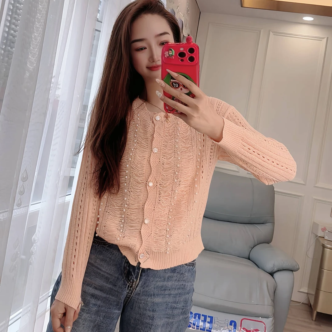 （波浪领钉珠开衫）90-170斤春季软糯针织衫大码女装镂空宽松外套