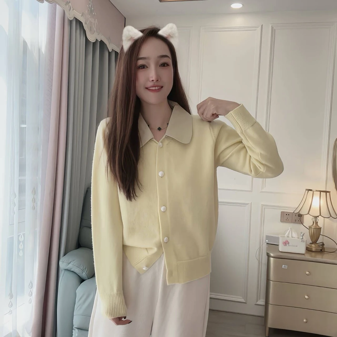 现货（娃娃领毛衣）秋冬鹅黄色毛衣宽松翻领大码女装外套显瘦开衫