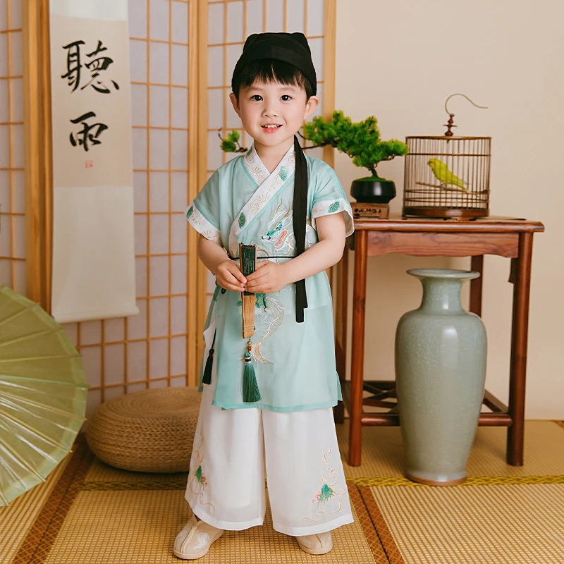 宸夜儿童汉服男童短袖古装超仙气薄款飘逸中国风演出服儿童节表演