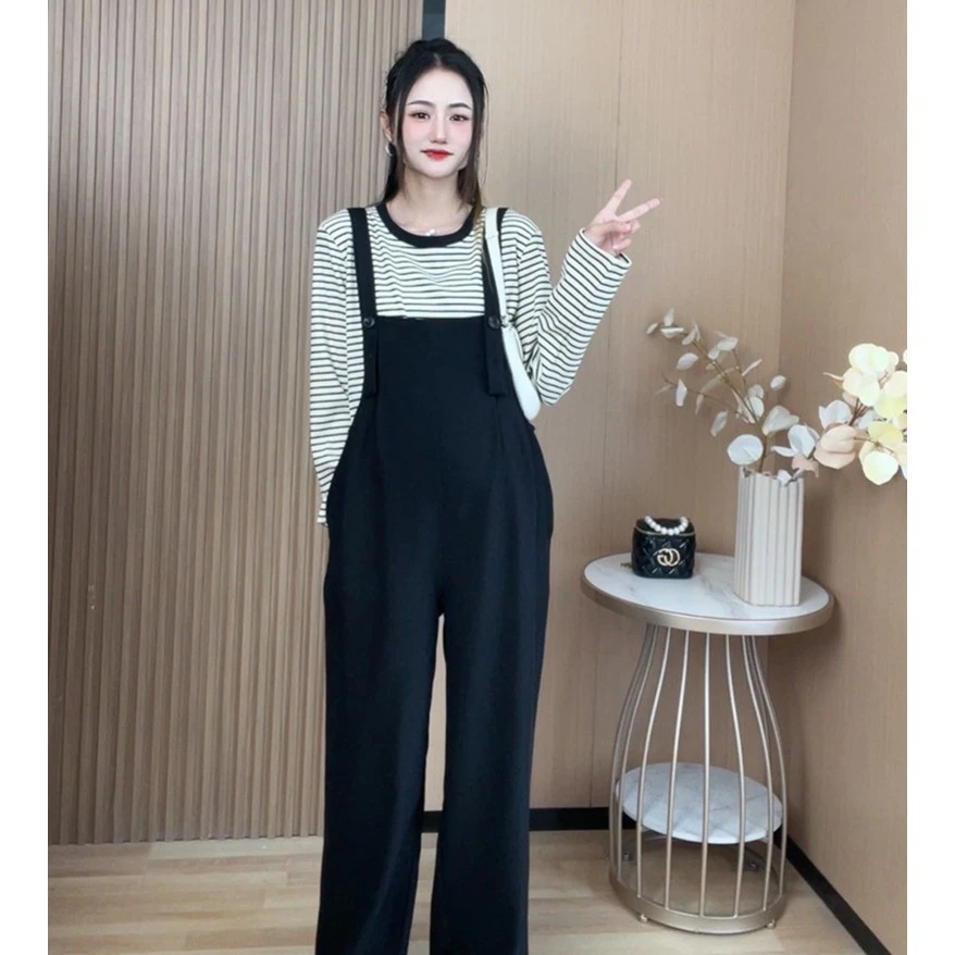 秋季孕妇装时尚减龄条纹撞色长短袖T恤直筒西装背带裤孕妇背带裤