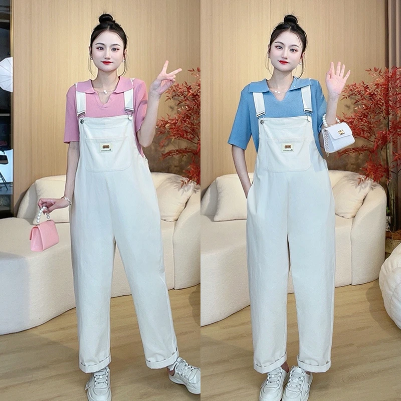 夏季薄款孕妇装休闲时尚短袖上衣减龄显瘦孕妇背带裤宽松直筒裤