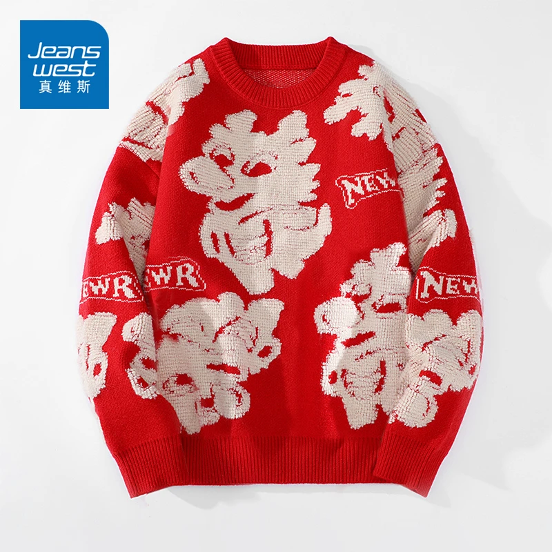 真维斯龙年满印红色毛衣男女同款冬季圆领宽松保暖新年跨年针织衫