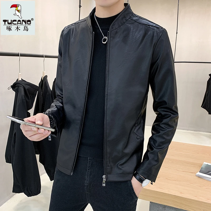 TUCANO/啄木鳥春秋男士皮衣夹克韩版青年立领修身时尚休闲外套