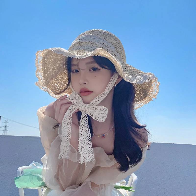 草帽女夏季韩版系带镂空草编帽出游防晒沙滩太阳帽蕾丝边遮阳帽