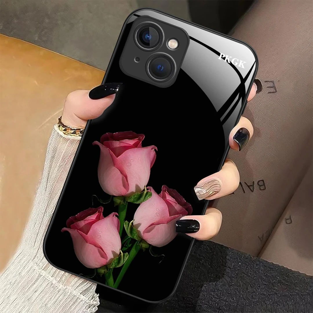 适用【苹果13】时尚鲜花液态玻璃手机壳 超薄防摔刮 个性简约