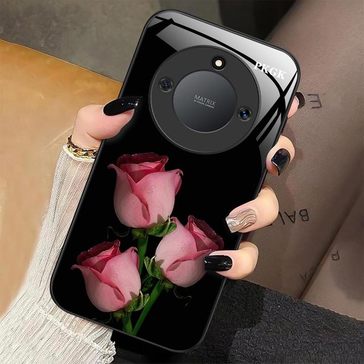 适用【荣耀X40】时尚鲜花液态玻璃手机壳 超薄防摔刮 个性简约