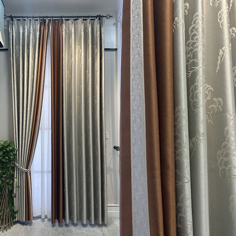 2024年新款新中式窗帘高精密浮雕提花无缝拼接奶茶色蓝色卧室客厅