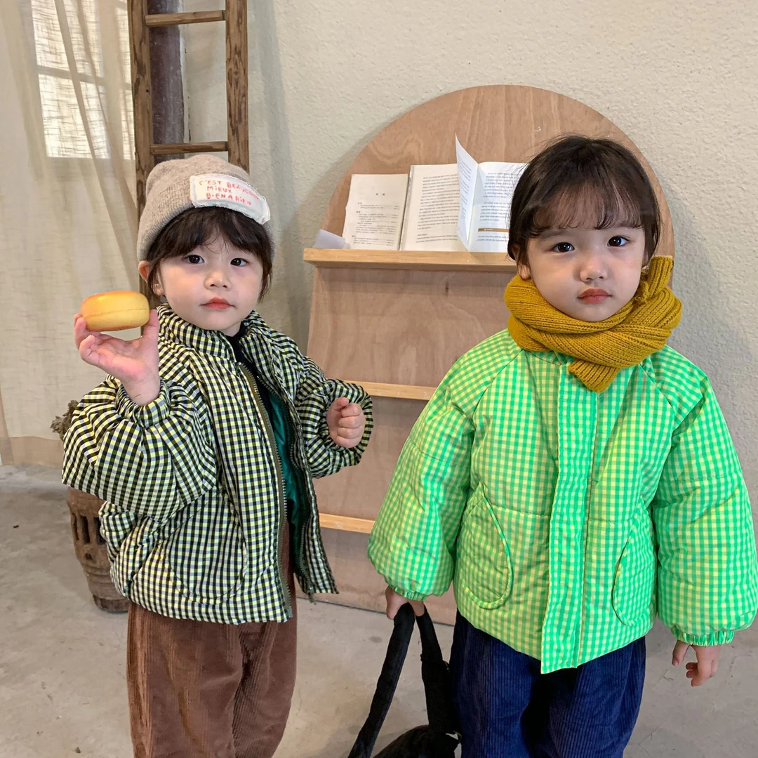 【品牌】韩国童装冬季儿童加厚格子棉服男女童宝宝棉衣短款面包服保