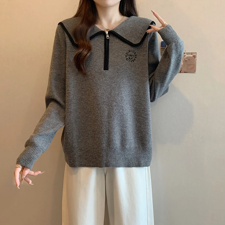 2024秋冬新款胖mm大码女半拉链娃娃遮肉长袖针织衫正肩显瘦毛衣女