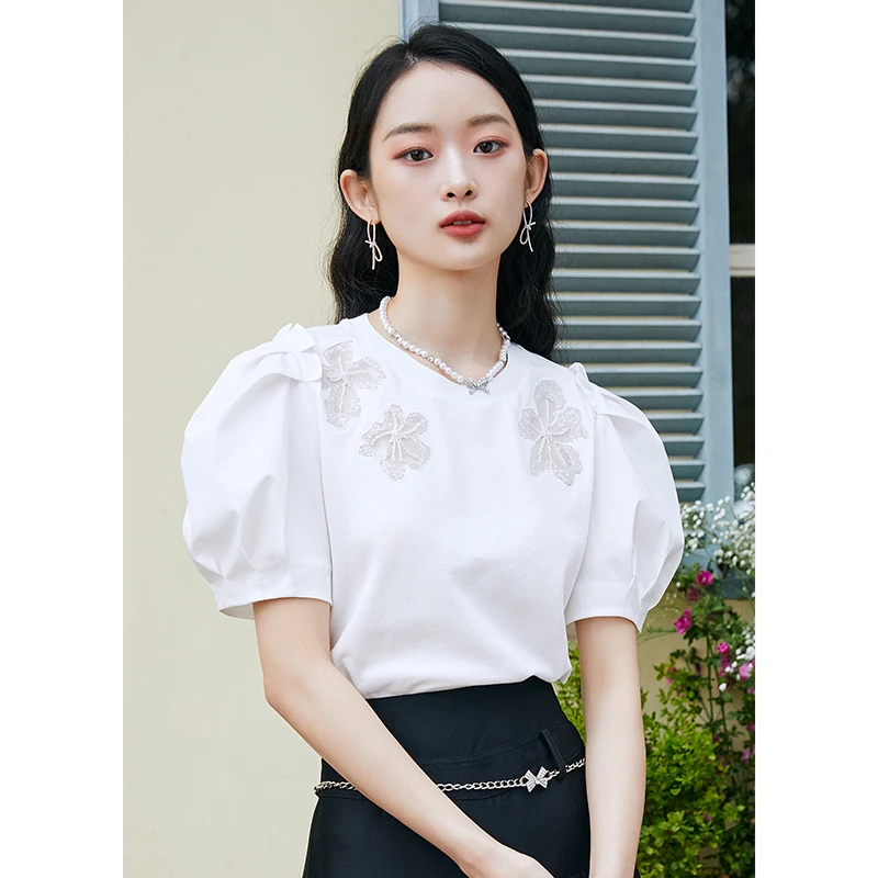 missCOCOON基础圆领上衣夏装新款女装甜美亮片绣花气质T恤女