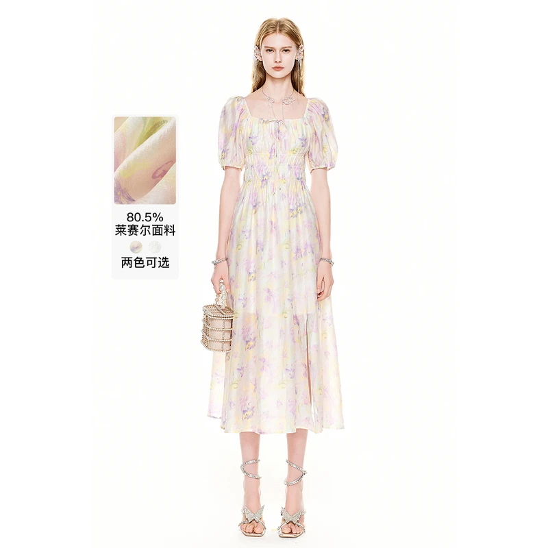 MISSCOCOON【莫奈花园】夏新款法式优雅印花蝴蝶结泡泡袖连衣裙