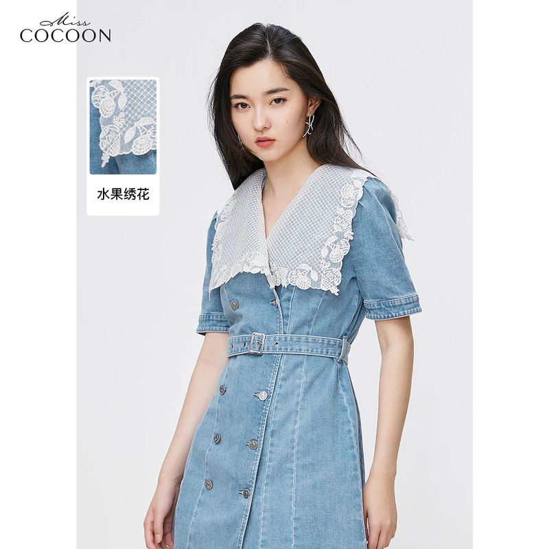missCOCOON时尚裙子夏新款女装淑女蕾丝荷叶拼接领牛仔连衣裙