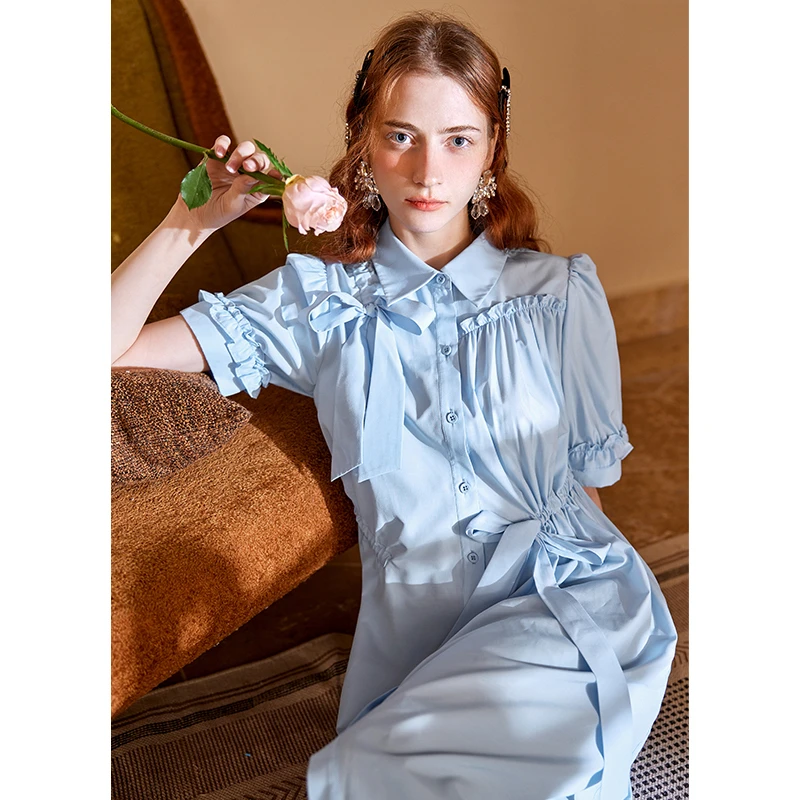 MISSCOCOON甜美裙子夏新款女时尚宽松抽褶绑带木耳花边连衣裙