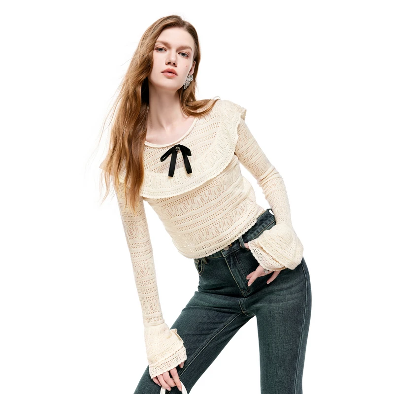 MISSCOCOON【千金锦鲤】早春新品镂空温柔荷叶边羊毛混纺针织衫